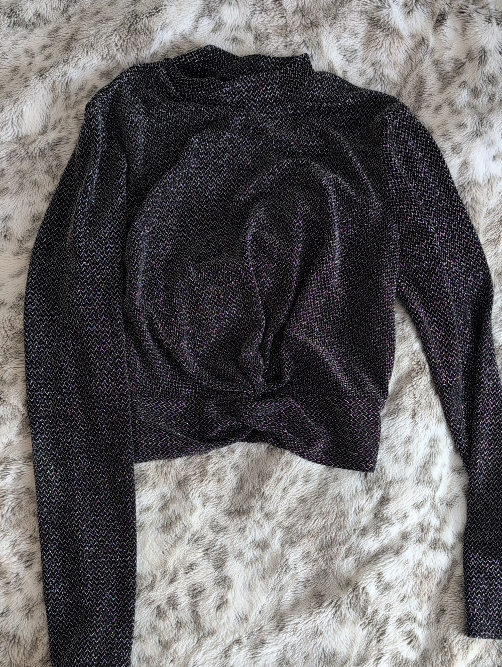 Long-Sleeve Metallic Twist Front Top - Black with Silver Shimmer